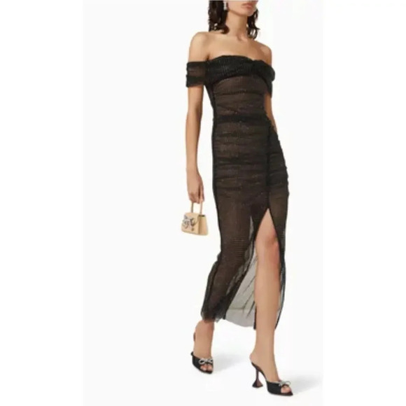 SELF-PORTRAIT Embellished Mesh Off-shoulder Black Dress Gown Cocktail Sz 0 - Picture 4 of 16